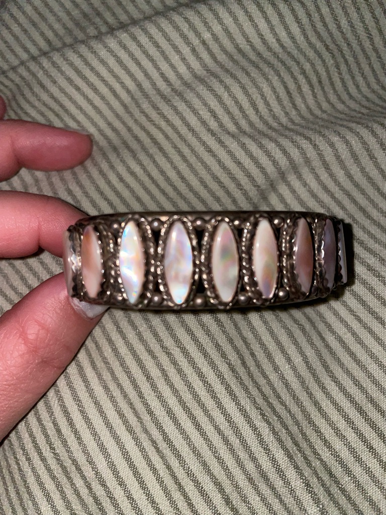 Mother Of Pearl Marquise Inlay Cuff Bracelet - Pink/White